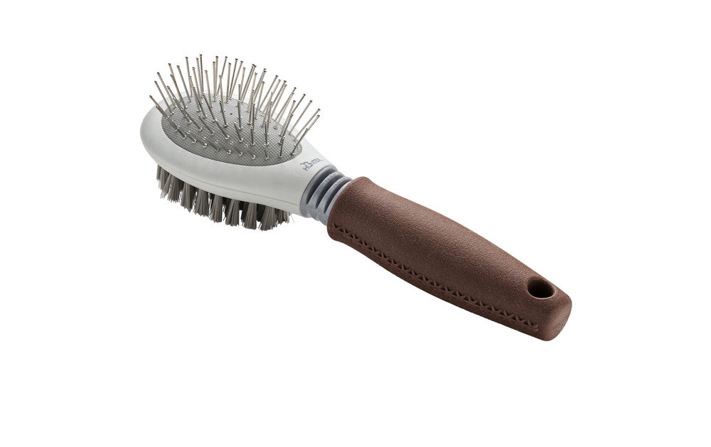 Combibrush SPA - Hunter-petstore -suitable for long-haired, medium-length and short-haired dogs -soft bristles on one side, nickel-plated pins on the other -flexible brush neck -ergonomic handle with high-quality leather look