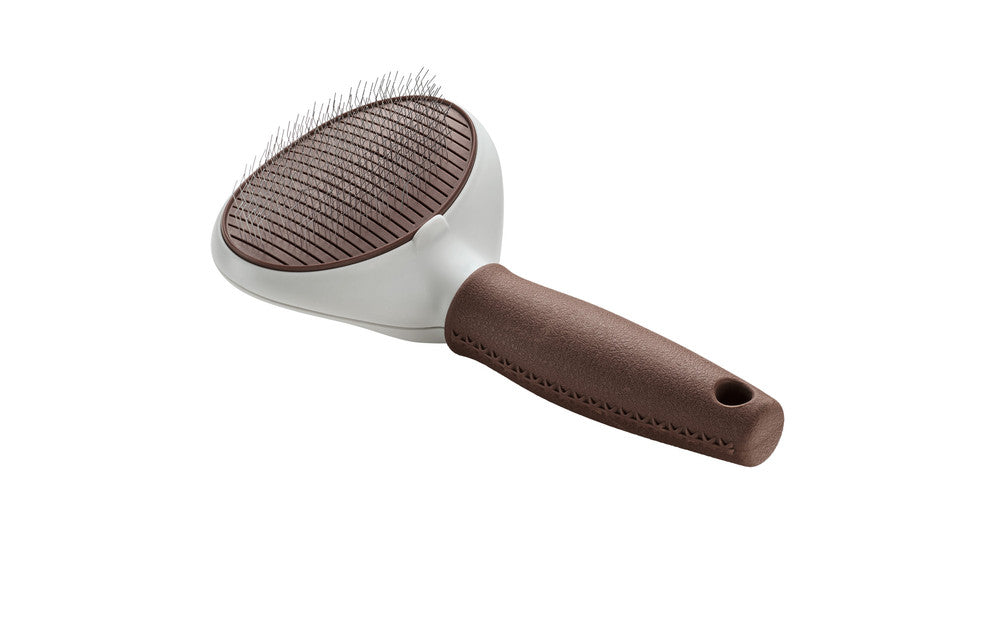 Self-Cleaning Slicker Brush SPA - Hunter-petstore -grooming brush for long-haired, medium-length and short-haired dogs -extra soft stainless steel pins for gentle fur grooming -makes it easier to remove dead topcoat and undercoat fur -integrated button allows you to easily remove collected fur, self-cleaning -ergonomic handle with high-quality leather look