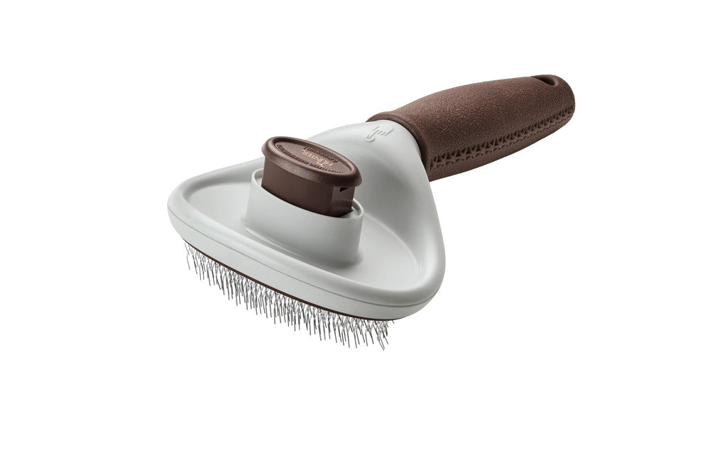 Self-Cleaning Slicker Brush SPA - Hunter-petstore -grooming brush for long-haired, medium-length and short-haired dogs -extra soft stainless steel pins for gentle fur grooming -makes it easier to remove dead topcoat and undercoat fur -integrated button allows you to easily remove collected fur, self-cleaning -ergonomic handle with high-quality leather look