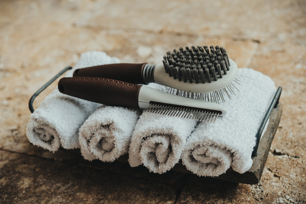 Combibrush SPA - Hunter-petstore -suitable for long-haired, medium-length and short-haired dogs -soft bristles on one side, nickel-plated pins on the other -flexible brush neck -ergonomic handle with high-quality leather look