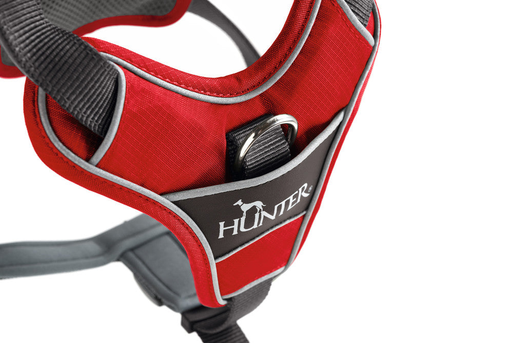 DIVO Harness - Hunter-petstore -five-point adjustment -ergonomic fit -comfortable padding with soft, breathable mesh material and neoprene -highly reflective thanks to the 3M™ Scotchlite™ Reflective Material and HUNTER logo print -features two D-rings for attaching a leash to the dog’s back and chest -the D-ring on the chest can be tucked away easily