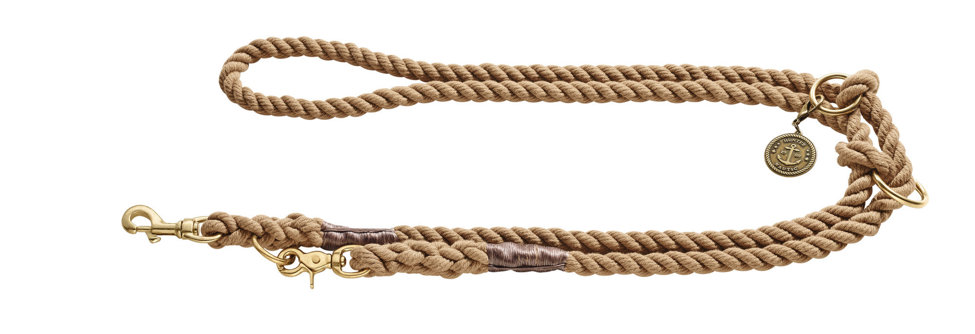 LIST Training leash - Hunter-petstore -nautical rope look -robust braiding -brass fittings -detachable brass badge -individually adjustable (rings are secured with knots that can be slid up the leash) -Ahoy there!
