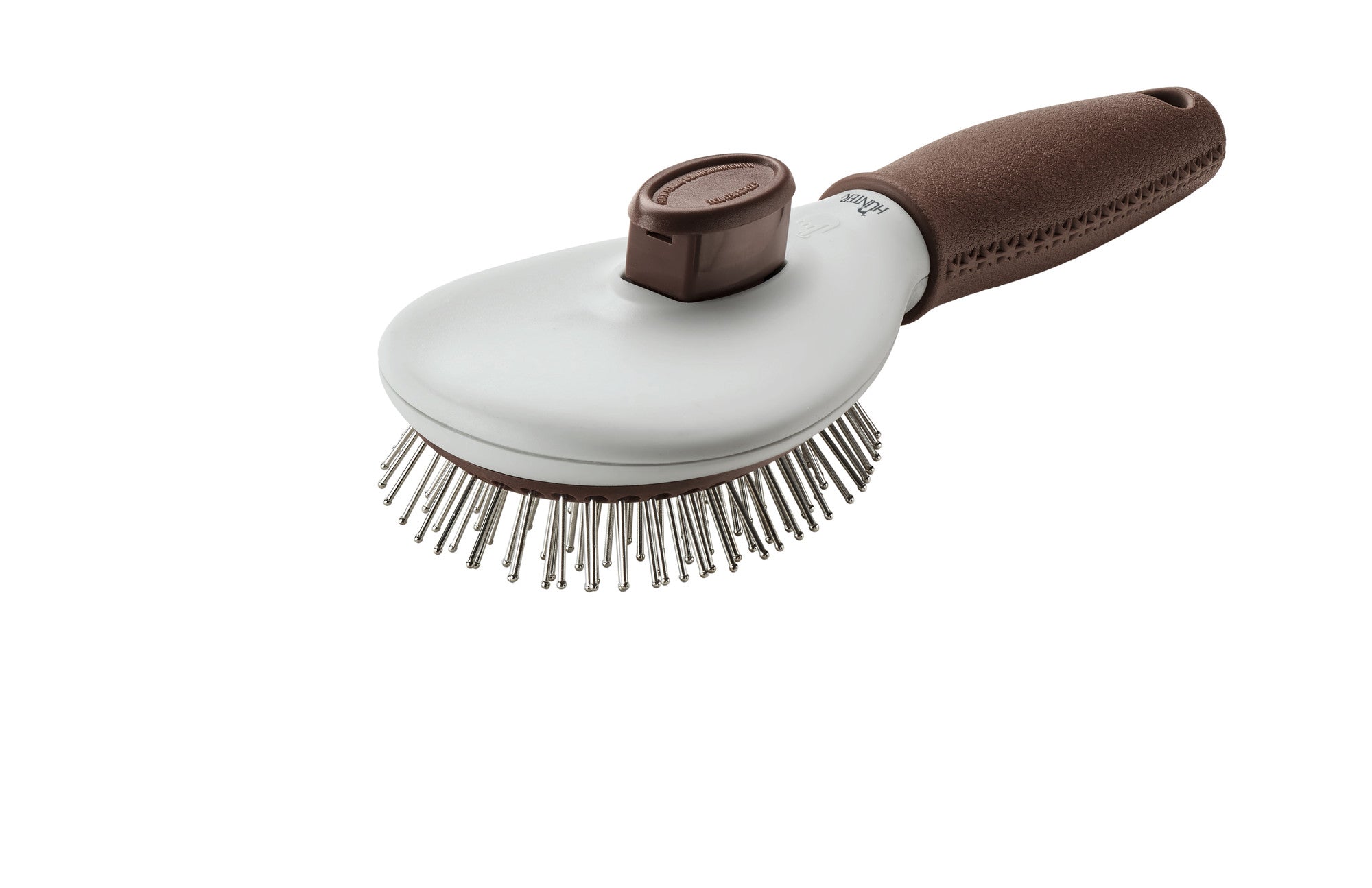 Brush self-cleaning SPA - Hunter-petstore -grooming brush for long-haired, medium-length and short-haired dogs -extra soft stainless steel pins for gentle fur grooming -makes it easier to remove dead topcoat and undercoat fur -integrated button allows you to easily remove collected fur -ergonomic handle with high-quality leather look