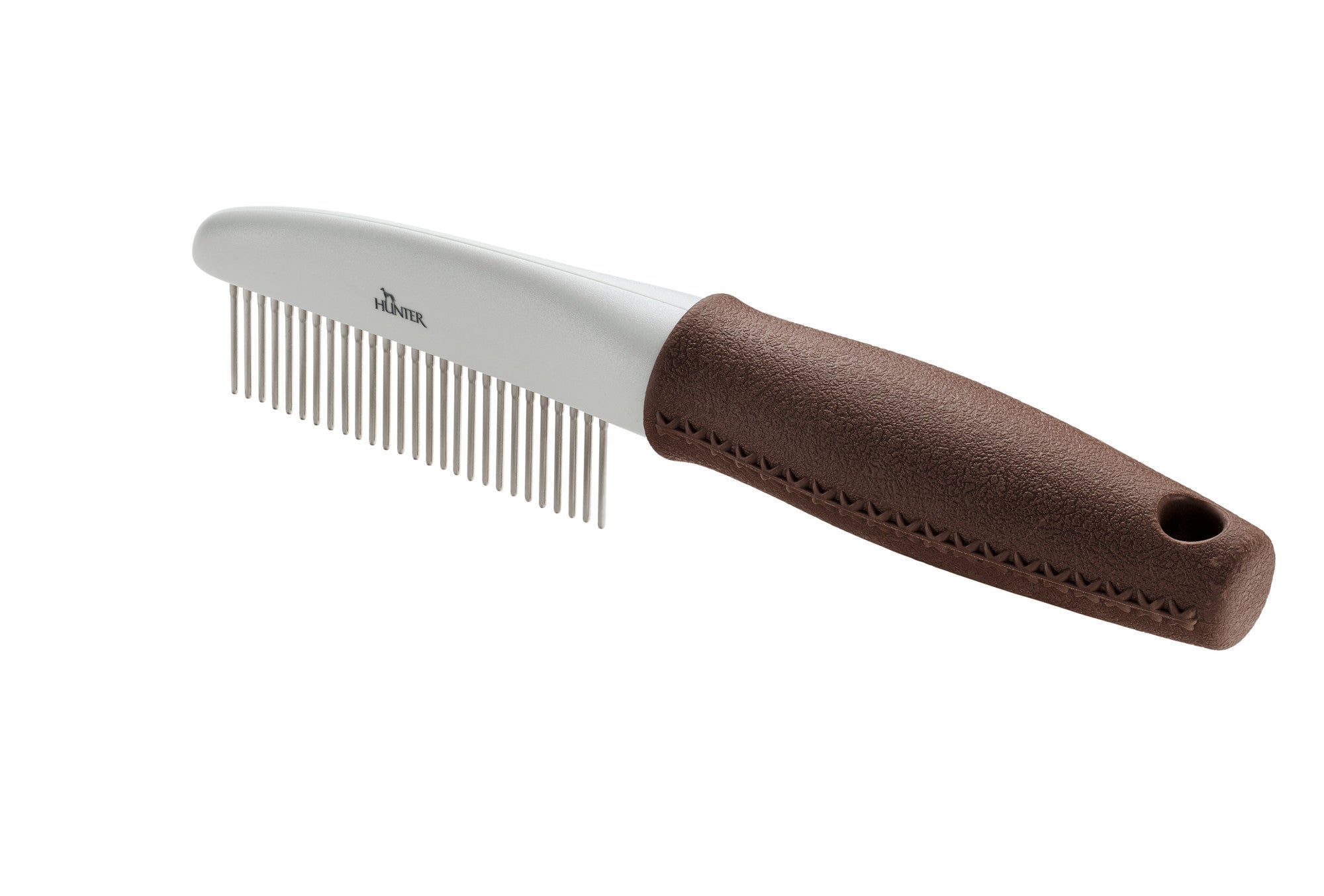 Comb with Rotating Pins SPA - Hunter-petstore -grooming comb for medium to long-haired fur -rotating teeth for particularly gentle grooming -meant for grooming top coat and undercoat fur -can loosen even stubborn knots -ergonomically shaped handle in high-quality leather look