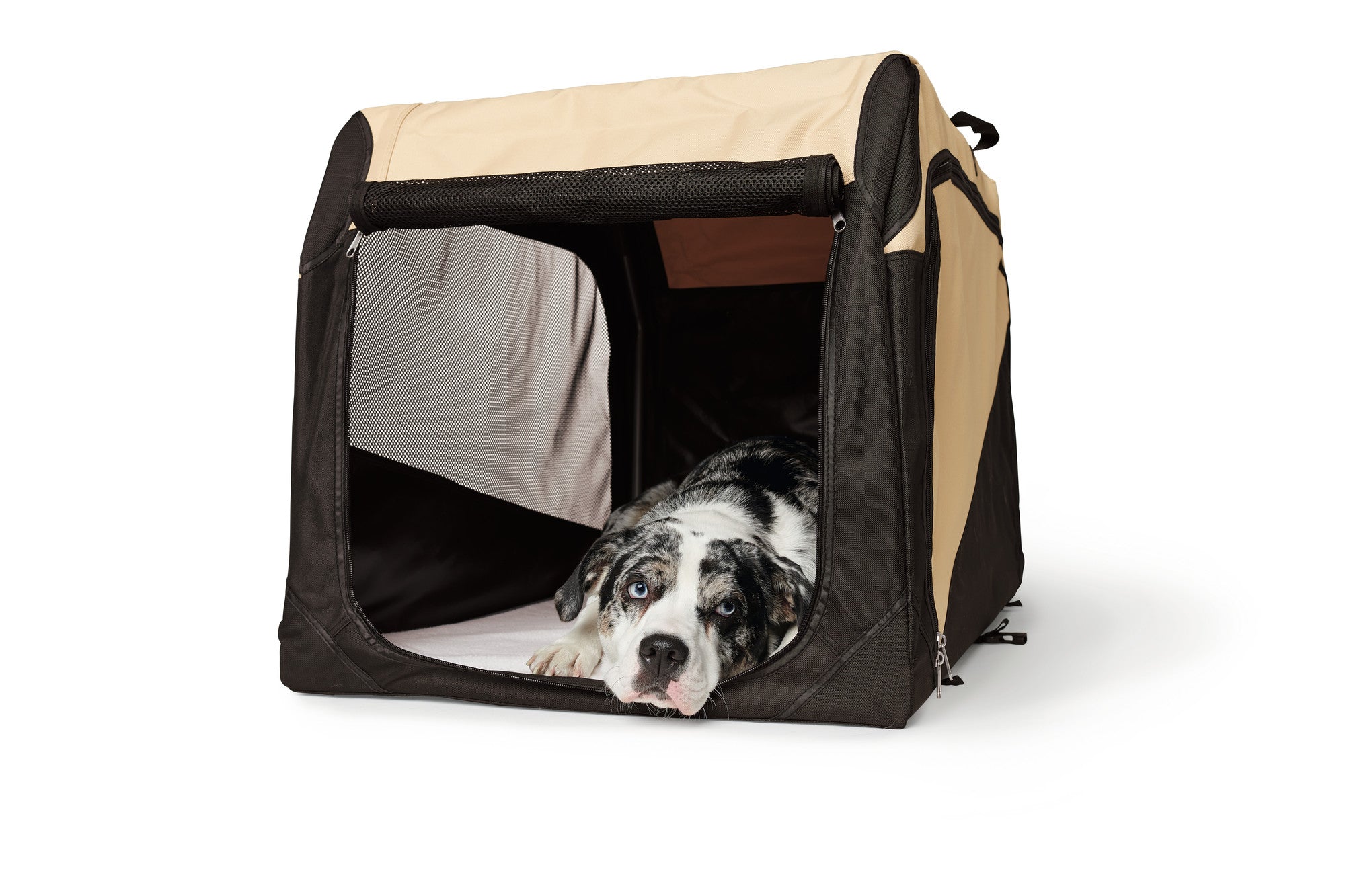 Foldable Dog Crate - Hunter-petstore -Versatile, durable dog crate -Easy to handle -With light, robust frame -With several well thought-out entry options and »windows« -With cuddly, reversible lying mat -With closable side pocket for important utensils such as vaccination card or tick hooks -Optimal air circulation thanks to mesh inserts -With clever carrying handles -With space-saving storage bag