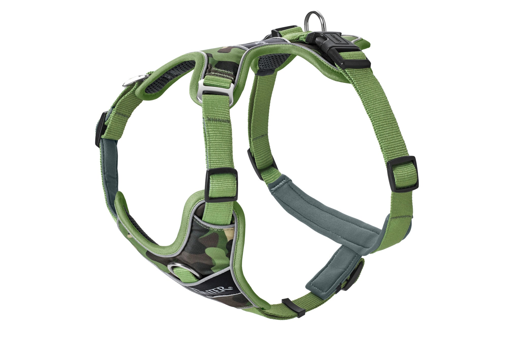 DIVO Camouflage Harness - Hunter-petstore -Fashionable camouflage pattern -Front entry option for head shy dogs -5-way adjustment for ergonomic fit -Comfortable padding with soft, breathable mesh material and neoprene -Highly reflective thanks to 3M™ Scotchlite™ Reflective material and HUNTER logo print -With two D-rings for leashing to the dog's back or chest area -D-ring in the chest area can be "hidden" with a flick of the wrist