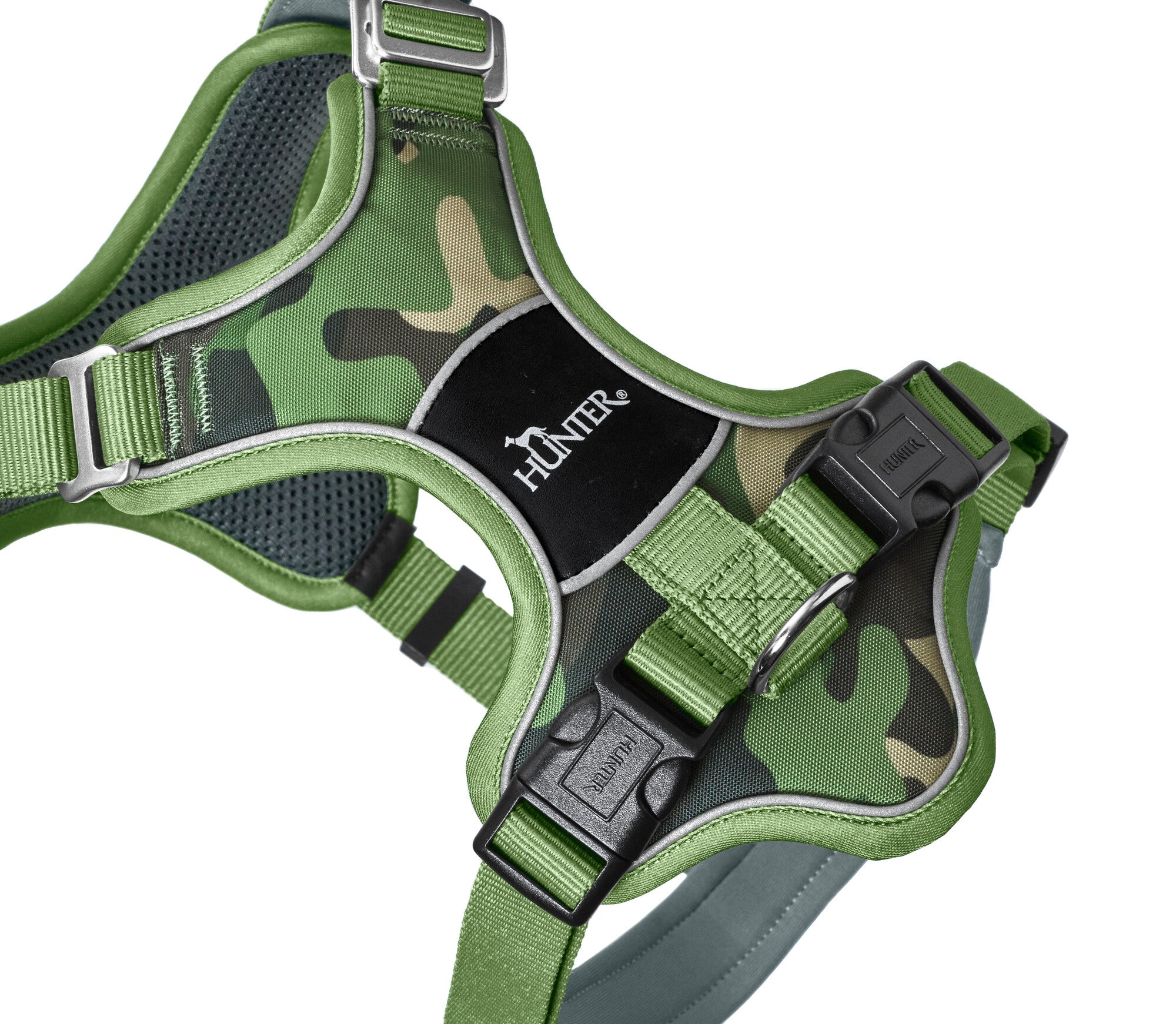 DIVO Camouflage Harness - Hunter-petstore -Fashionable camouflage pattern -Front entry option for head shy dogs -5-way adjustment for ergonomic fit -Comfortable padding with soft, breathable mesh material and neoprene -Highly reflective thanks to 3M™ Scotchlite™ Reflective material and HUNTER logo print -With two D-rings for leashing to the dog's back or chest area -D-ring in the chest area can be "hidden" with a flick of the wrist