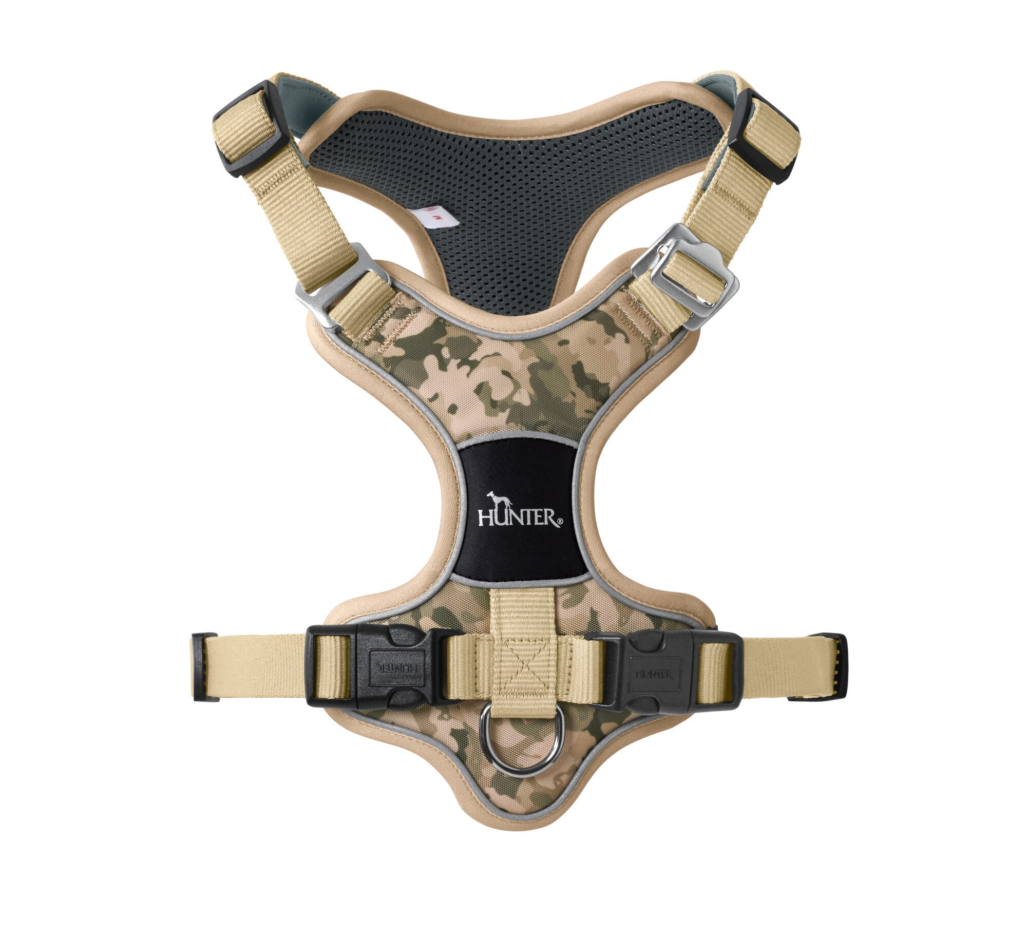 DIVO Camouflage Harness - Hunter-petstore -Fashionable camouflage pattern -Front entry option for head shy dogs -5-way adjustment for ergonomic fit -Comfortable padding with soft, breathable mesh material and neoprene -Highly reflective thanks to 3M™ Scotchlite™ Reflective material and HUNTER logo print -With two D-rings for leashing to the dog's back or chest area -D-ring in the chest area can be "hidden" with a flick of the wrist