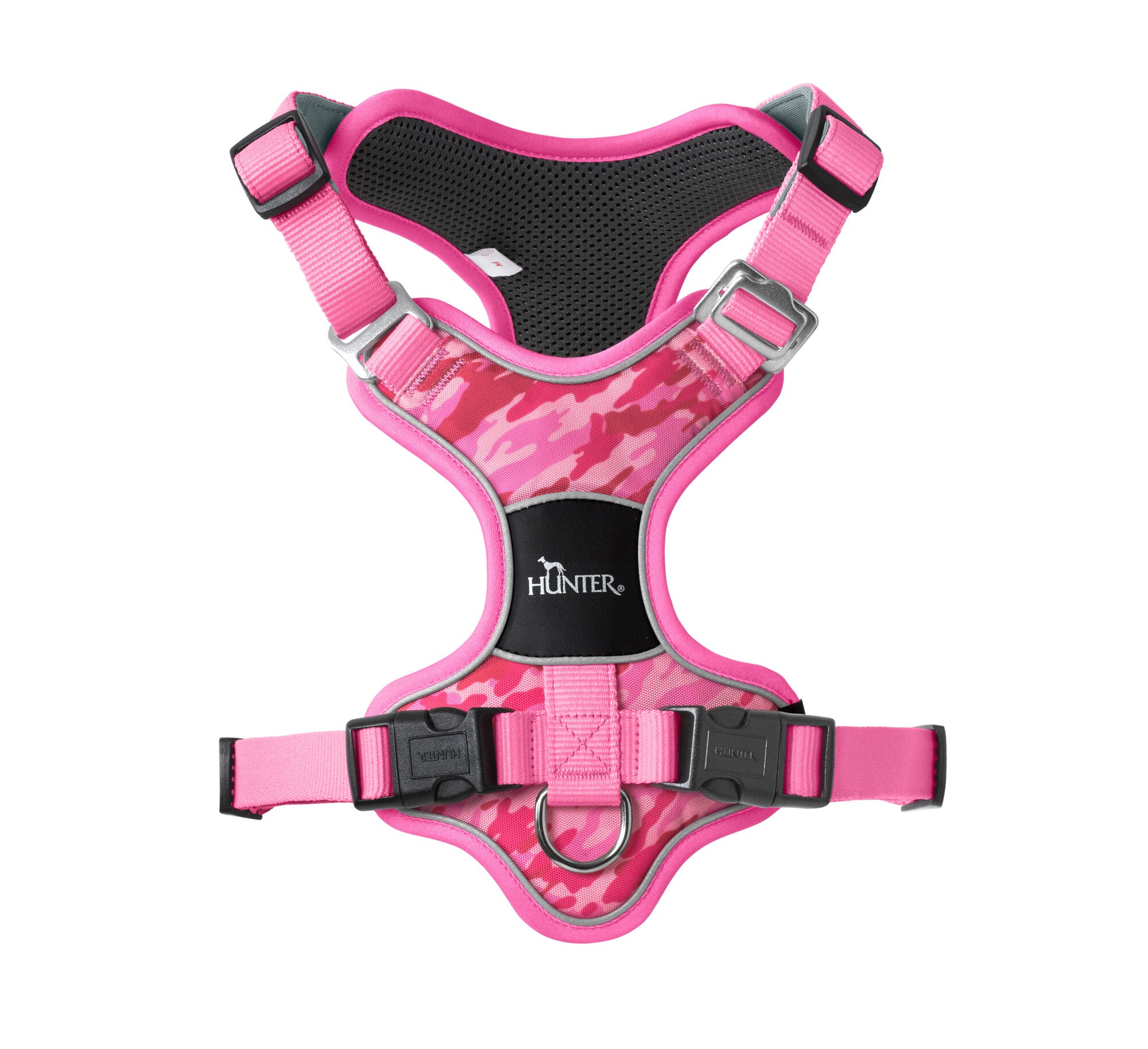 DIVO Harness - Hunter-petstore -five-point adjustment -ergonomic fit -comfortable padding with soft, breathable mesh material and neoprene -highly reflective thanks to the 3M™ Scotchlite™ Reflective Material and HUNTER logo print -features two D-rings for attaching a leash to the dog’s back and chest -the D-ring on the chest can be tucked away easily