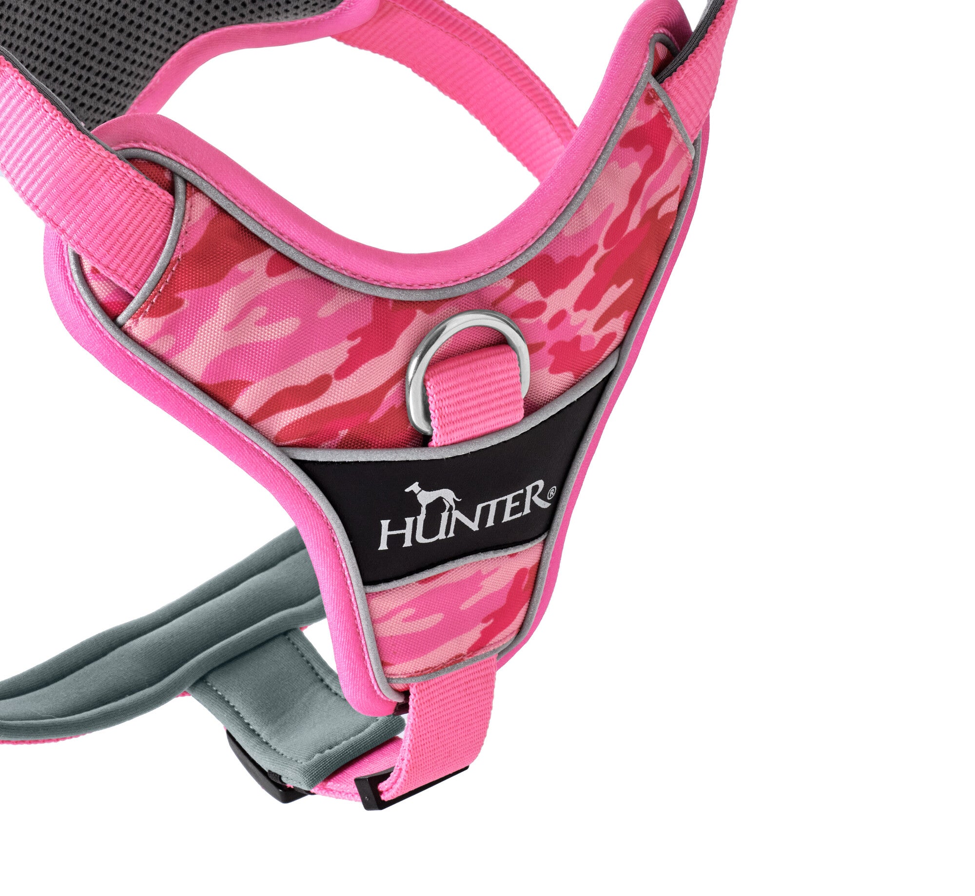 DIVO Camouflage Harness - Hunter-petstore -Fashionable camouflage pattern -Front entry option for head shy dogs -5-way adjustment for ergonomic fit -Comfortable padding with soft, breathable mesh material and neoprene -Highly reflective thanks to 3M™ Scotchlite™ Reflective material and HUNTER logo print -With two D-rings for leashing to the dog's back or chest area -D-ring in the chest area can be "hidden" with a flick of the wrist