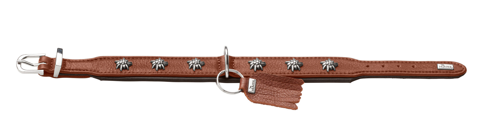 MÜNCHEN Collar - Hunter-petstore -Classic collar for dogs with eye-catching trimmings in traditional look -With premium leather from ecological and socially responsible production -Noble and luxurious - for the highest demands -Particularly soft and supple feel -Gentle processing for high wearing comfort -Made in Germany