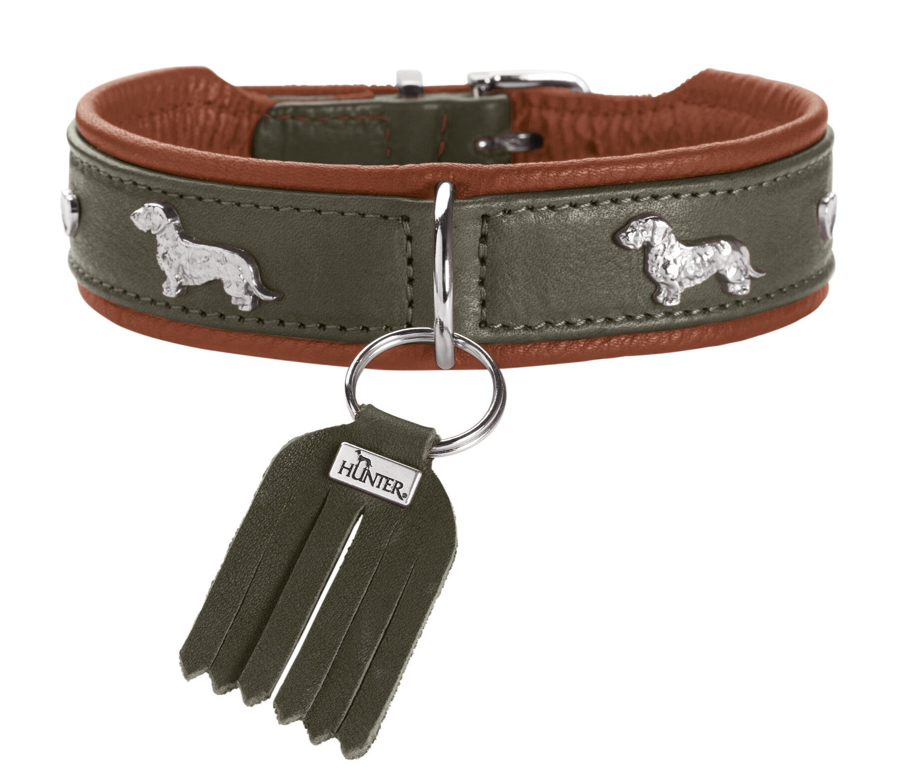 MÜNCHEN Dachshund Collar - Hunter-petstore -Classic collar for dogs with eye-catching trimmings in traditional look -With premium leather from ecological and socially responsible production -Noble and luxurious - for the highest demands -Particularly soft and supple feel -Gentle processing for high wearing comfort -Made in Germany
