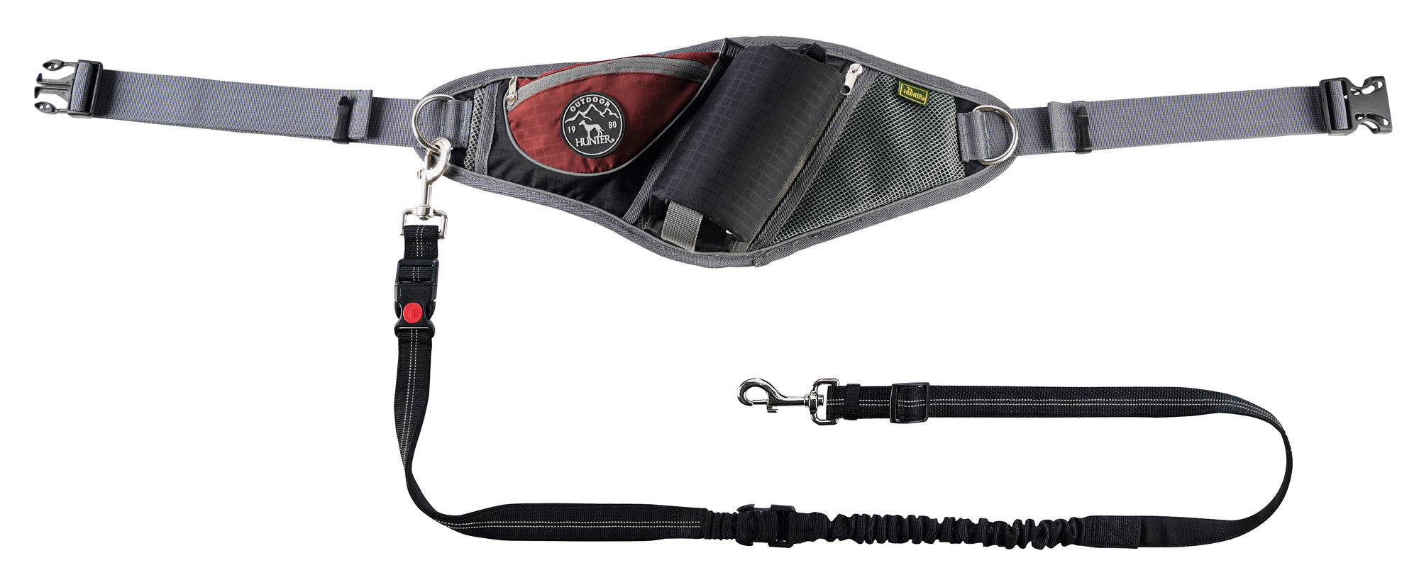 JASPER Jogging belt - Hunter-petstore -ergonomic bag for sporting activities with the dog -individually adjustable to your own waist circumference (up to 3'11¼­˝ ) -with elastic, infinitely adjustable lead (up to 3'10 1⁄16˝, without pull) -with safety buckle and wrist loop with soft neoprene padding -with slide-in and zipped pockets for keys, water bottle and co. -reflective elements for optimum visibility -easy to clean: simply wash off