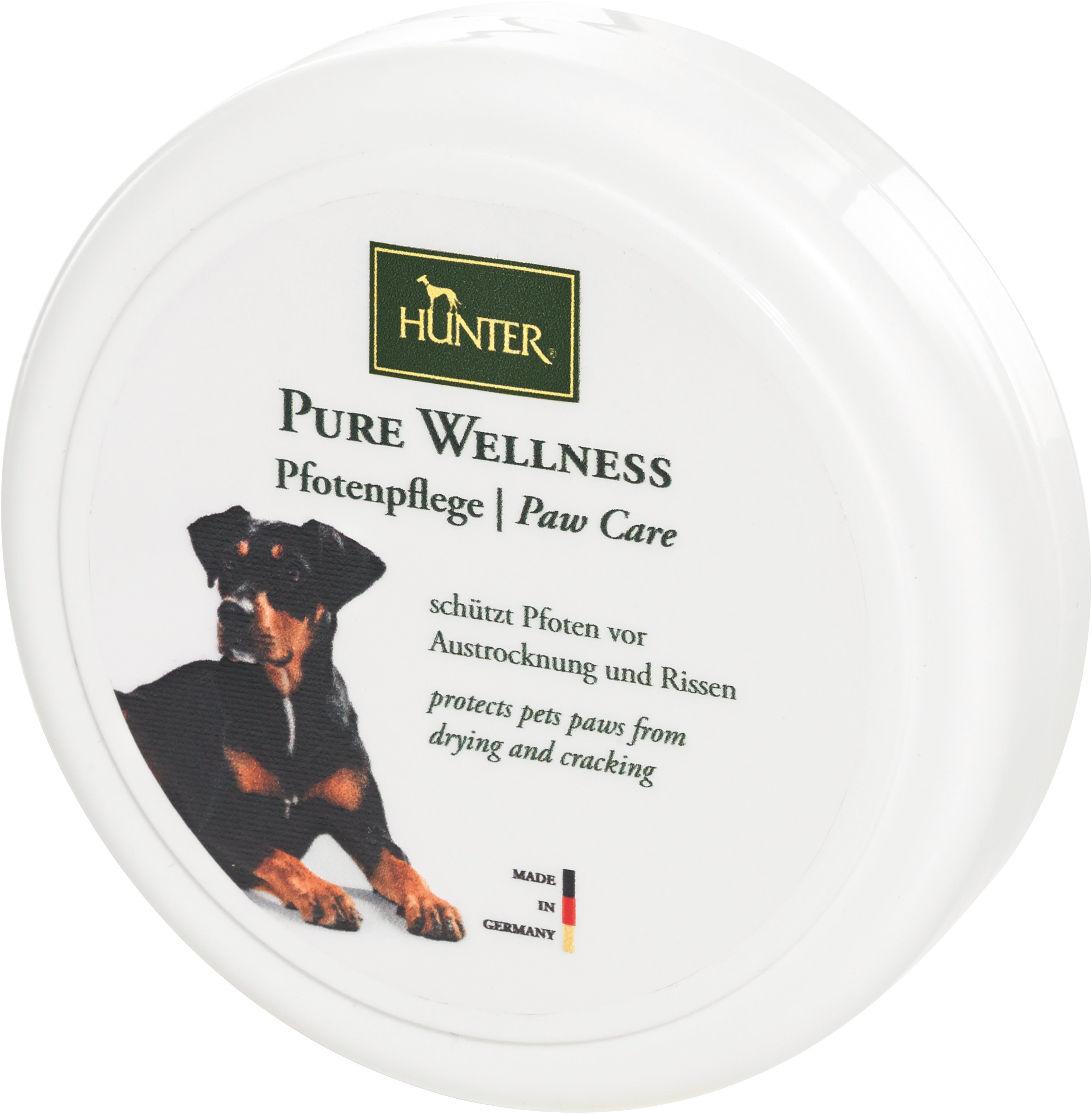 Pure Wellness Paw Care - Hunter-petstore -Caring and protective balm for skin and paws -Reliably protects against dehydration and cracks -Can support the healing of damaged skin and prevent skin damage -Intensively moisturizes the skin -Recommended for regular use, especially in winter -Results are usually visible after just a few applications -Pleasant, natural fragrance -Free from preservatives, microplastics and silicones -Made in Germany