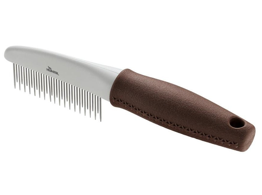 Grooming comb with long and short pins SPA - Hunter-petstore -suitable for dogs and cats with medium-length and long hair -meant for grooming top coat and undercoat fur -high-quality stainless steel teeth of various lengths -detangles knots in the fur -prevents your pet’s hair from being pulled out -ergonomically shaped grip in a high-quality leather look