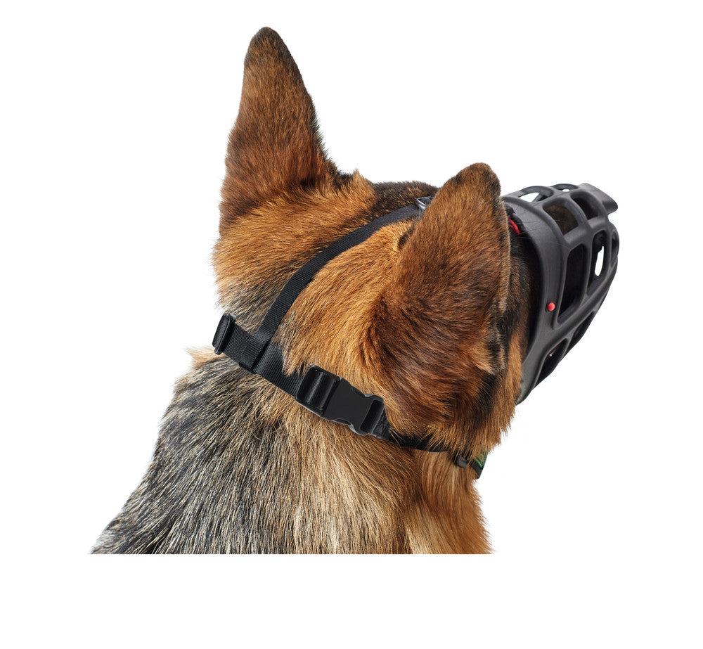 ALBURY Muzzle - Hunter-petstore -custom-fit muzzle for a wide range of head shapes -use of TPE enables slight deformation and thus adaptation to the dog's snout by heating in hot water (approx. 10 minutes, >158 °F) -wide range of applications (travel, fear and aggression, after operations, etc.) -infinitely adjustable nylon straps for a secure fit -generous grille allows panting, water intake and vomiting -with removable poison bait guard