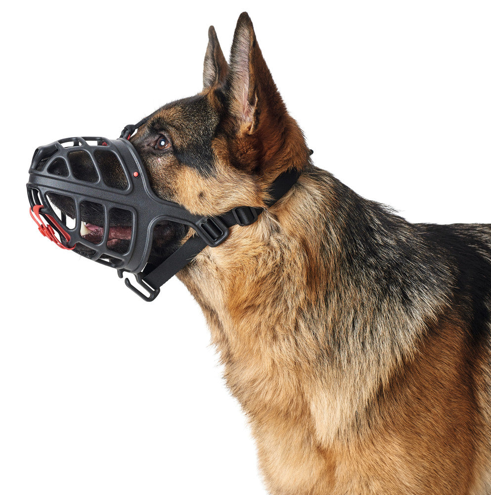 ALBURY Muzzle - Hunter-petstore -custom-fit muzzle for a wide range of head shapes -use of TPE enables slight deformation and thus adaptation to the dog's snout by heating in hot water (approx. 10 minutes, >158 °F) -wide range of applications (travel, fear and aggression, after operations, etc.) -infinitely adjustable nylon straps for a secure fit -generous grille allows panting, water intake and vomiting -with removable poison bait guard