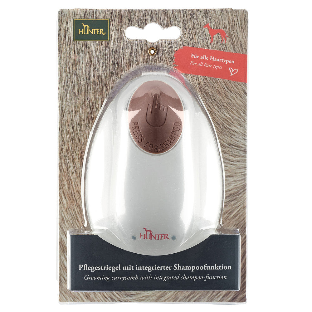 Grooming currycomb SPA with integrated shampoo-function - Hunter-petstore -Curry comb with integrated shampoo function -Suitable for medium-length and long fur -Special threefold massage pins -Brush can be filled with shampoo -Ergonomic design for optimum handling