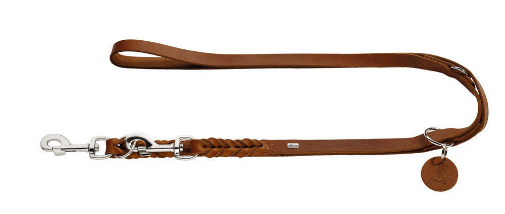 SOLID EDUCATION Adjustable Leash - Hunter-petstore -particularly tough and hard-wearing leather-hand-braided-with a leather keyring-snap bolt braided into the leather-3-fold adjustable-made in Germany