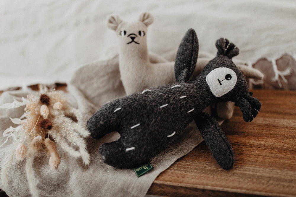 TIRANA Bear Dog toy - Hunter-petstore -cute animal dog toy, without squeaker -for playing, cuddling and loving -made of up-cycled outer material and recycled filling -attractive yet tough material mix of wool and polyester -washable at 86 °F -10.63 in